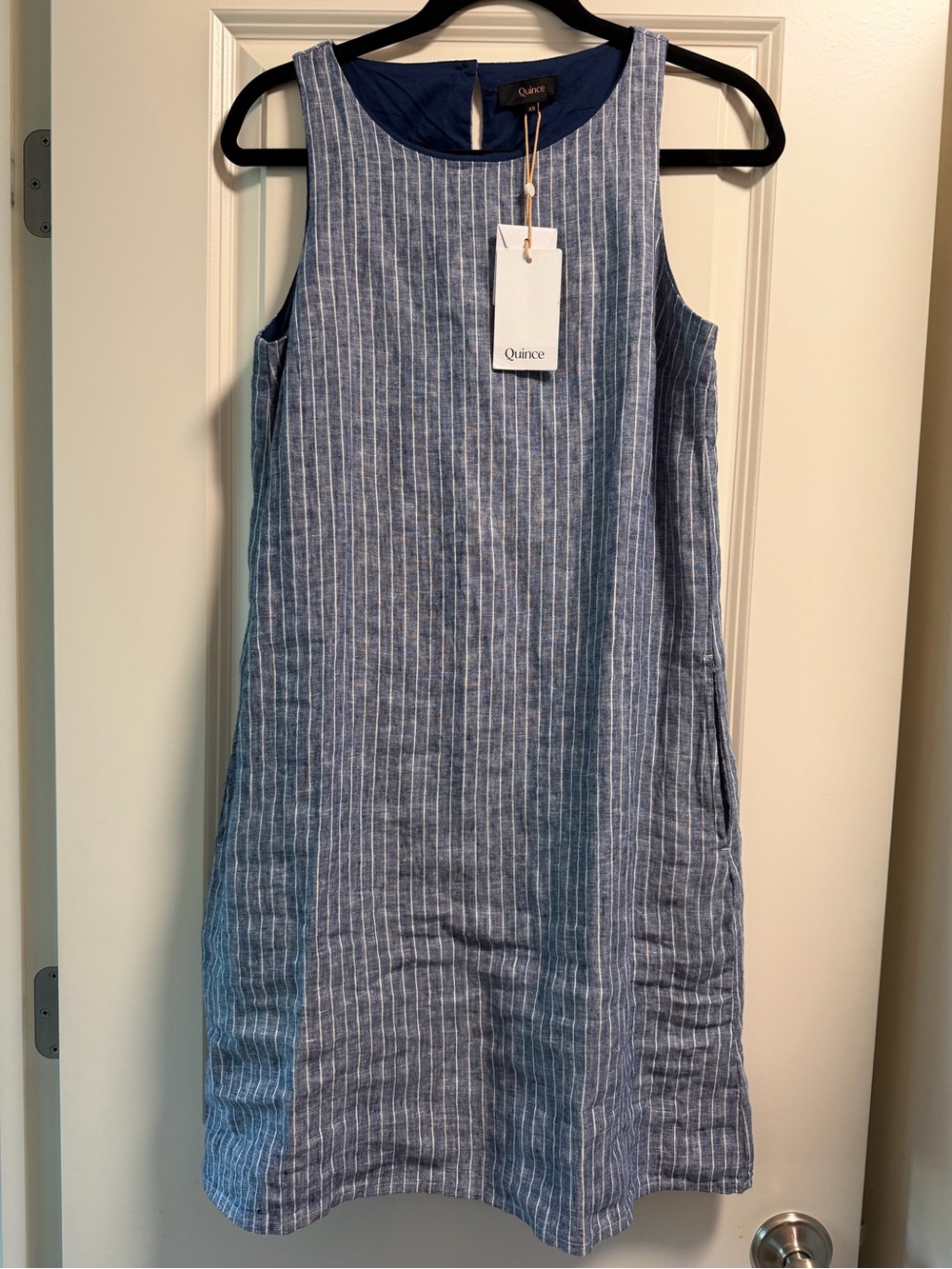 Quince 100% European Linen Mini Tank Dress Blue & White Pinstripe Dress XS